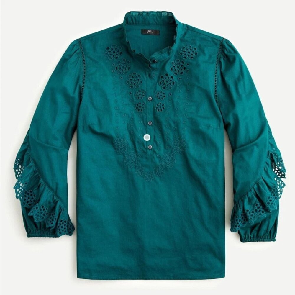 J.Crew Green Ruffle-Sleeve Top with Embroidered Eyelet Size XS 26902